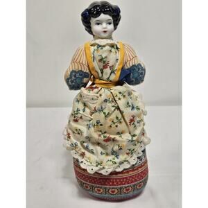 Avon American Heirloom Cloth Body Dress Doll Porcelain Head Pin Cushion 11" VTG